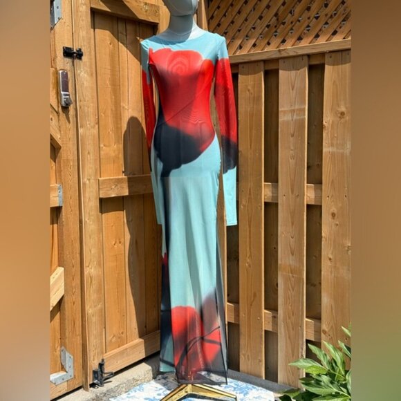 🆕 RAT & BOA 🧿 NWOT Santino Sheer Long Sleeve Dress, Blue with Red Tulip Sz XXS - Picture 2 of 16